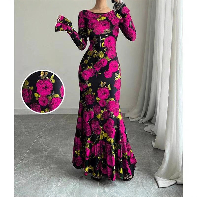 Elegant Slim-fit Round Neck Rose Floral Flared Sleeve Bodycon Dress
