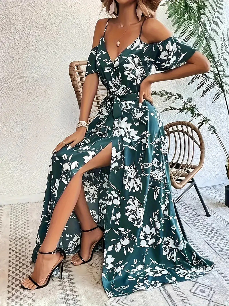 Summer Off-Shoulder Split Floral Print Long Dress With Belt Design