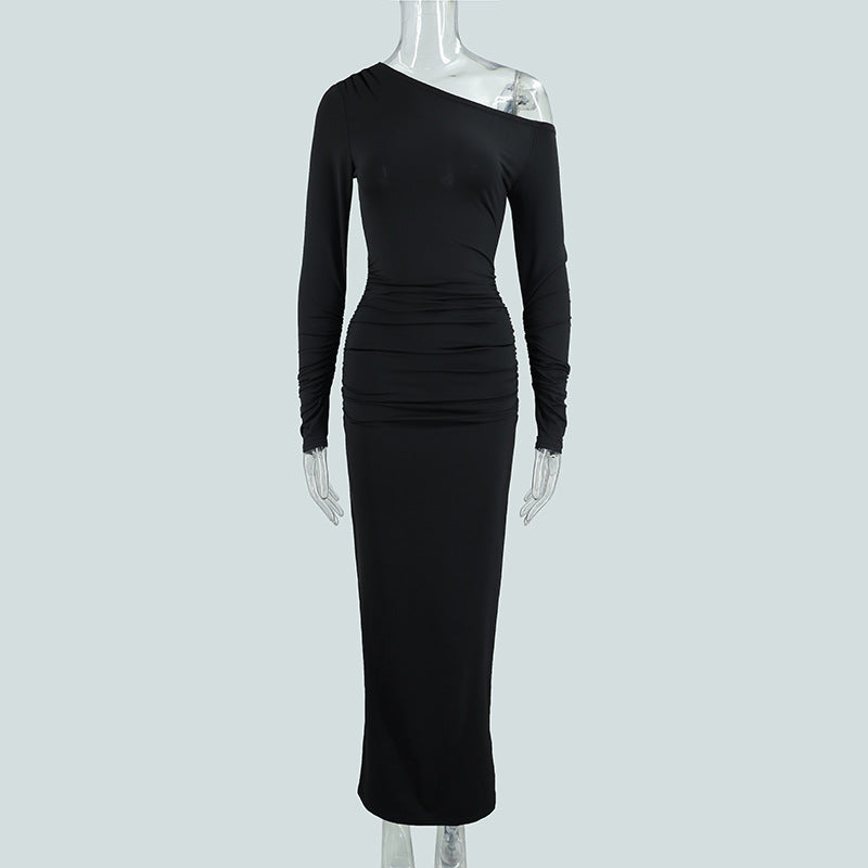 Elegant Off-shoulder Long-sleeve Pleated Maxi Dress