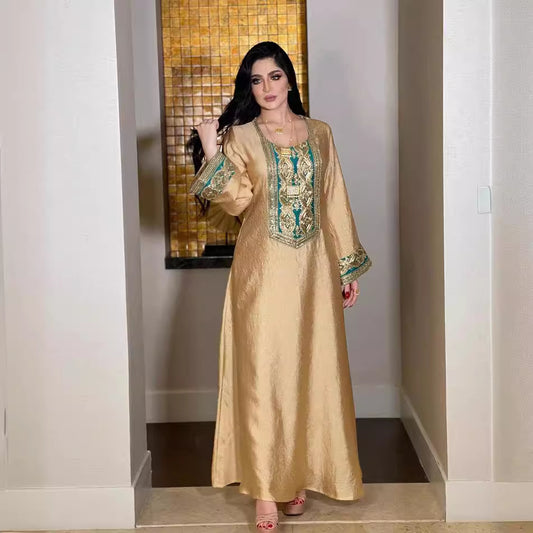 Indian Sequined Gold Silk Solid Color Long Sleeve Dress Women