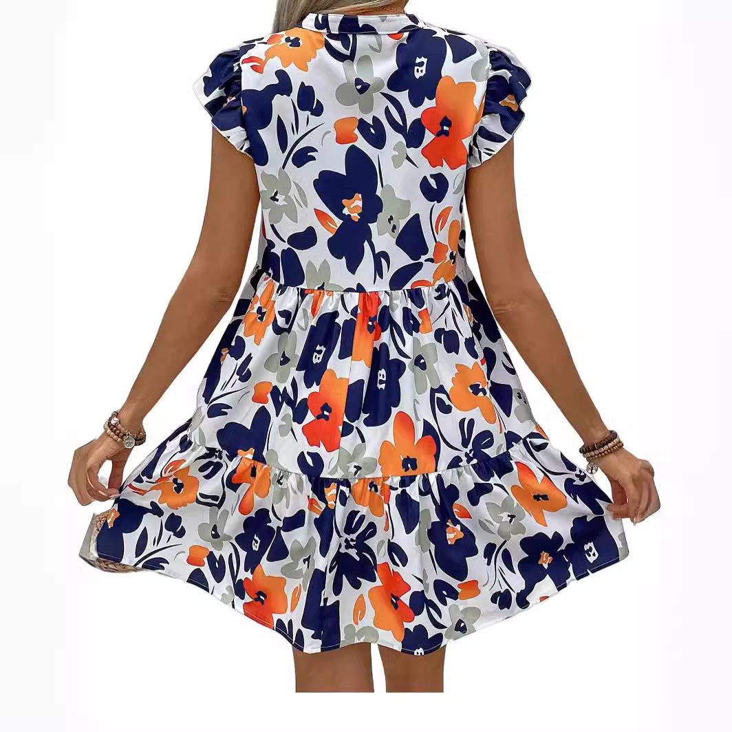 Summer Flair Printed Ruffled Hem Notched Collared Mini Bay Sleeve Dress