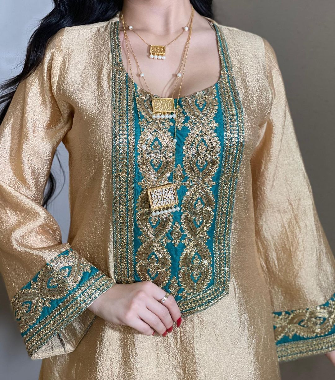 Indian Sequined Gold Silk Solid Color Long Sleeve Dress Women