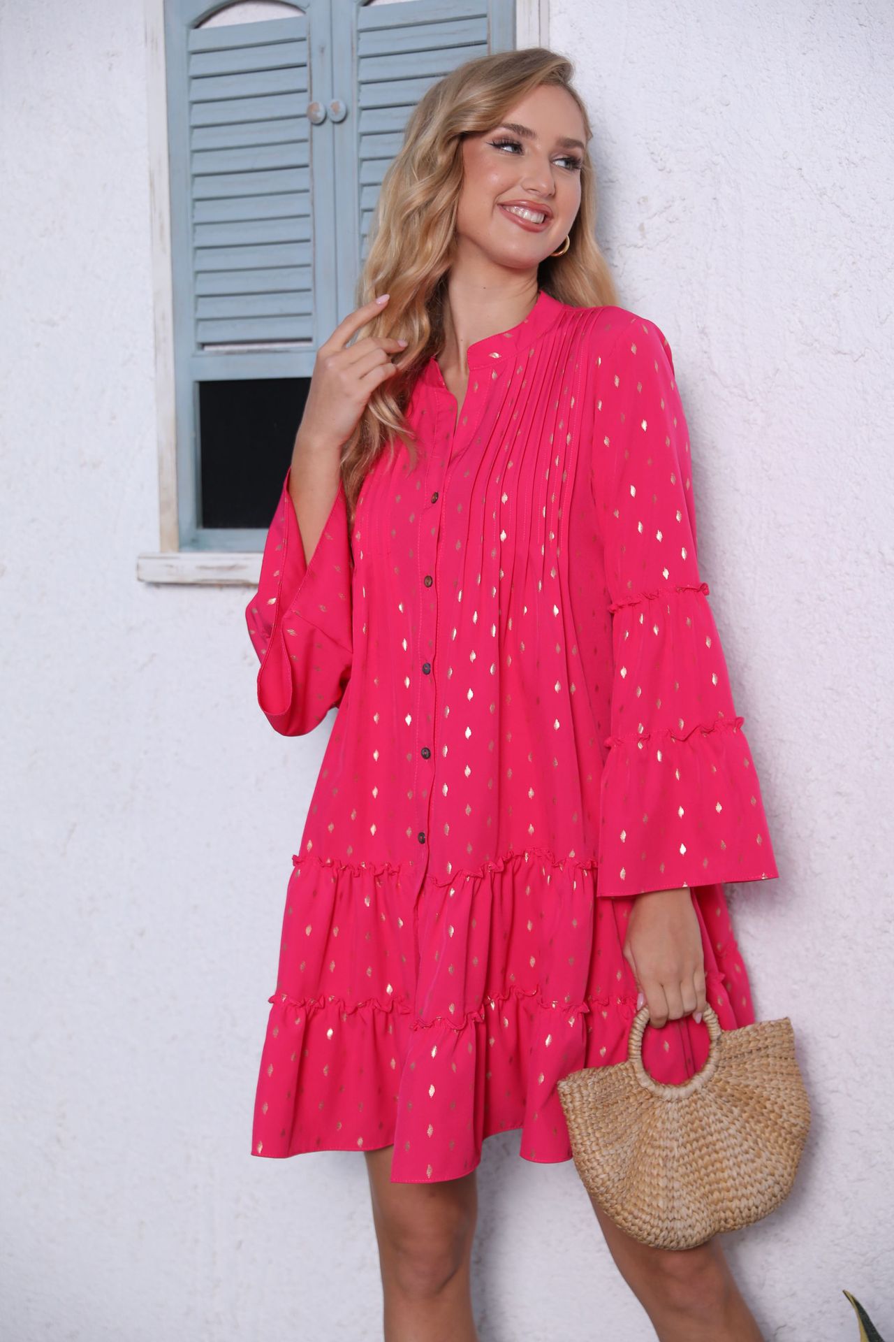 Pleated Loose & Flared Long Sleeve Summer Button Design Dress