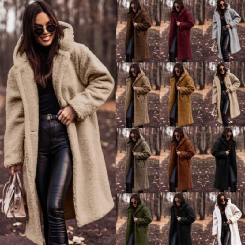 Elegant Plush Autumn Winter Long Coat with Hood