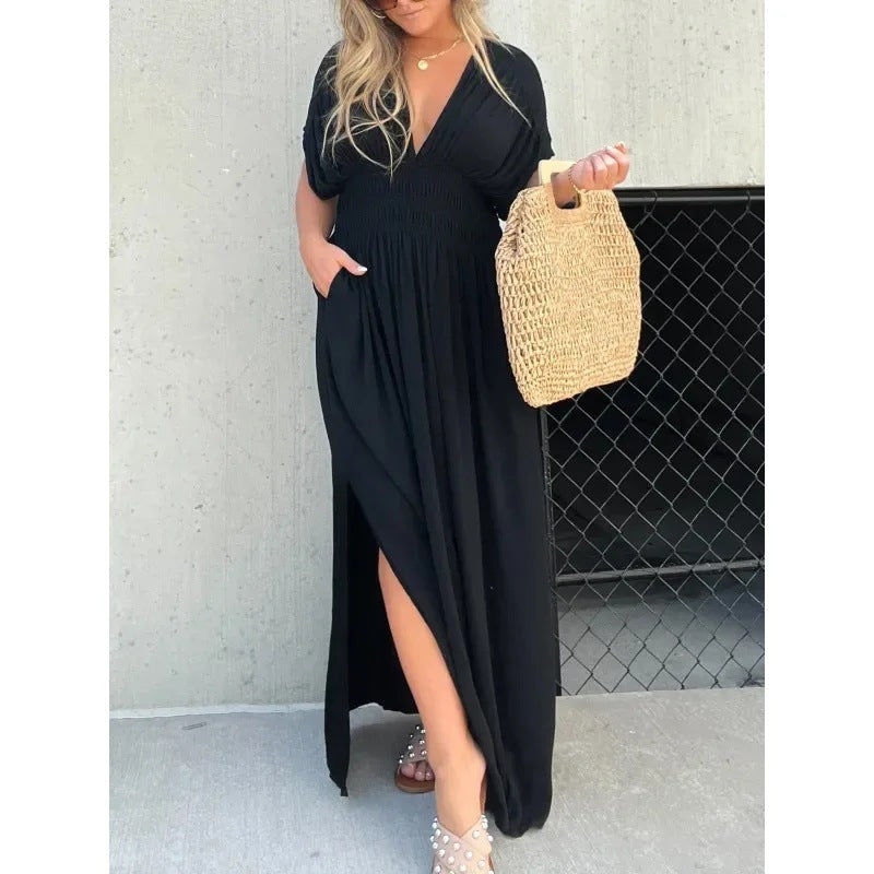 Trendy Bat-sleeved V-neck Slit Dress Summer Short Sleeve Elastic Waist Long Dresses