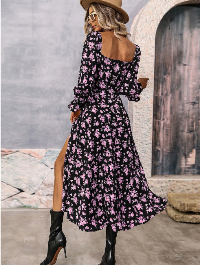 Trendy Long Sleeve Square-neck Bottom Slit Dresses