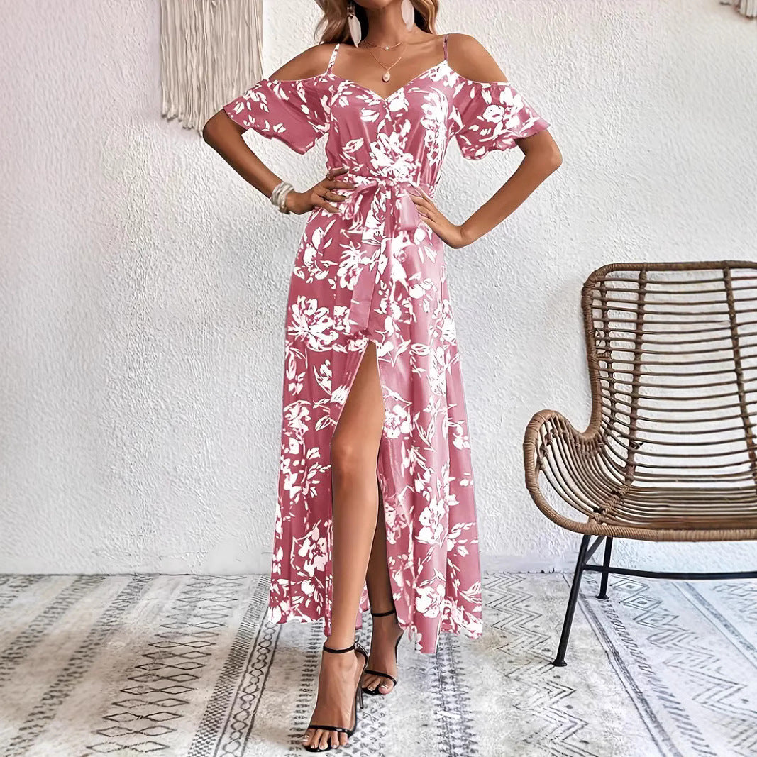 Summer Off-Shoulder Split Floral Print Long Dress With Belt Design