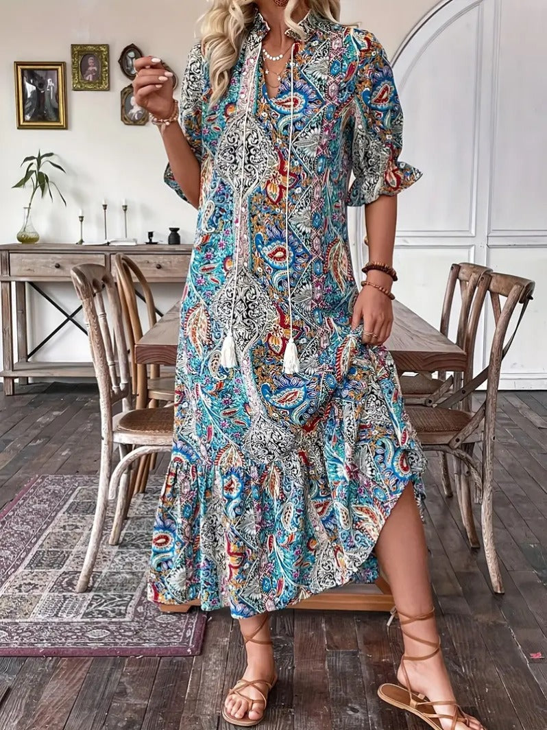 New Printed Lace-up Mid-sleeve Ruffled Dress