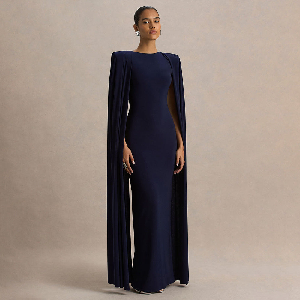 Round-neck Pleated Shawl Slim Dress