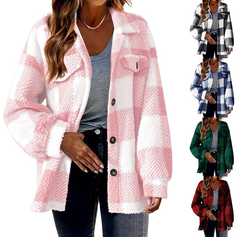 Plaid Button Down Woolen Jacket for Autumn And Winter