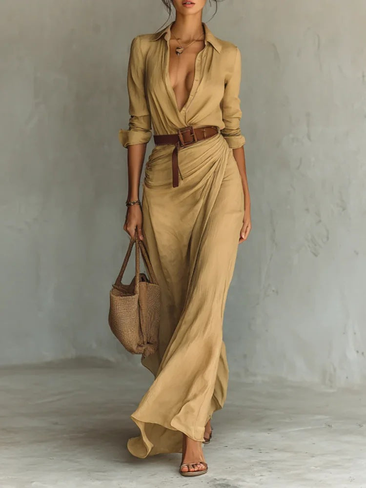 Elegant Button Lapel Out and About Long-sleeved Shirt Dress