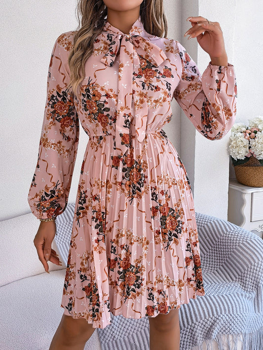 Elegant Floral Tie-Waist Long Sleeve Pleated Maxi Dress