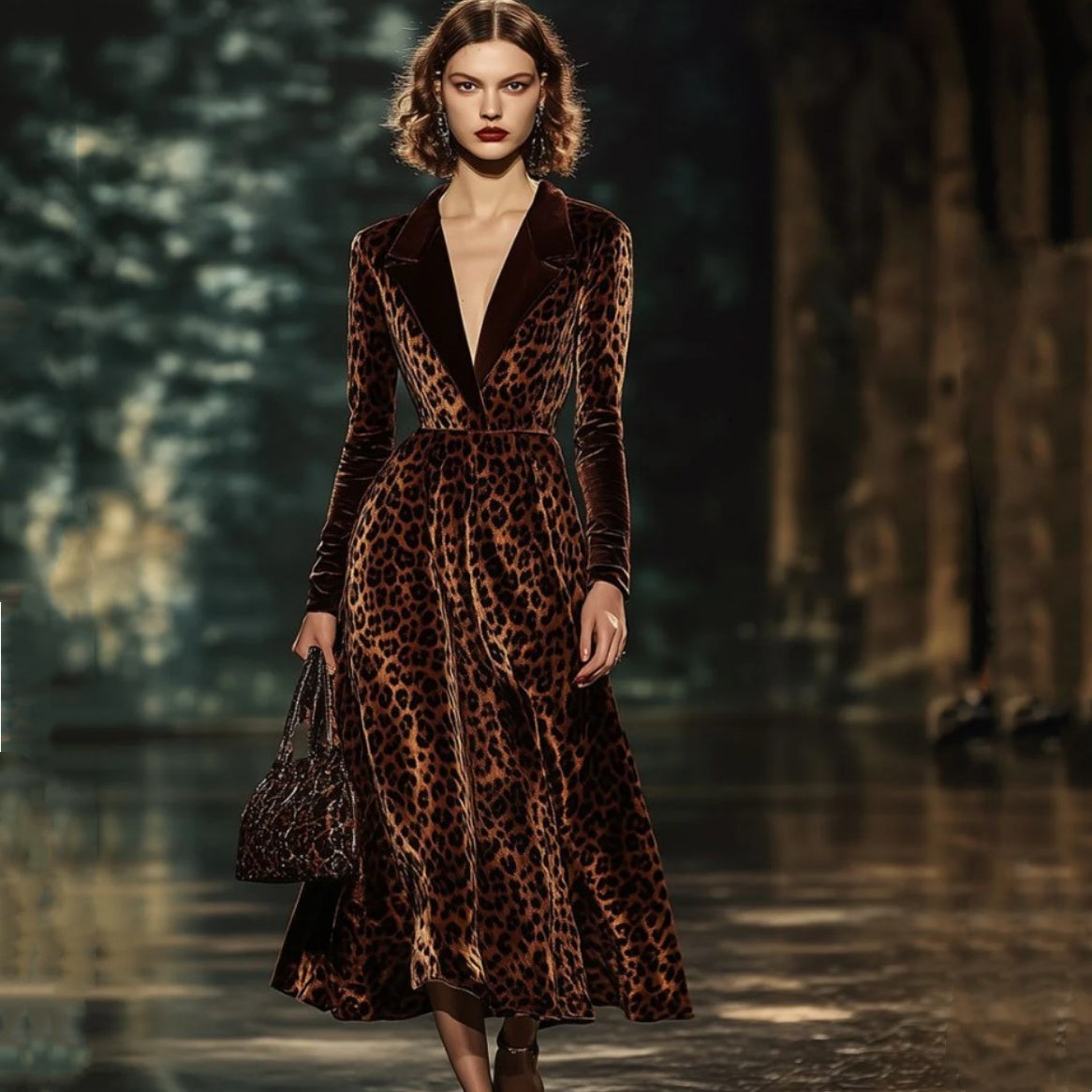 Retro Lapel Velvet Leopard-Print Dress