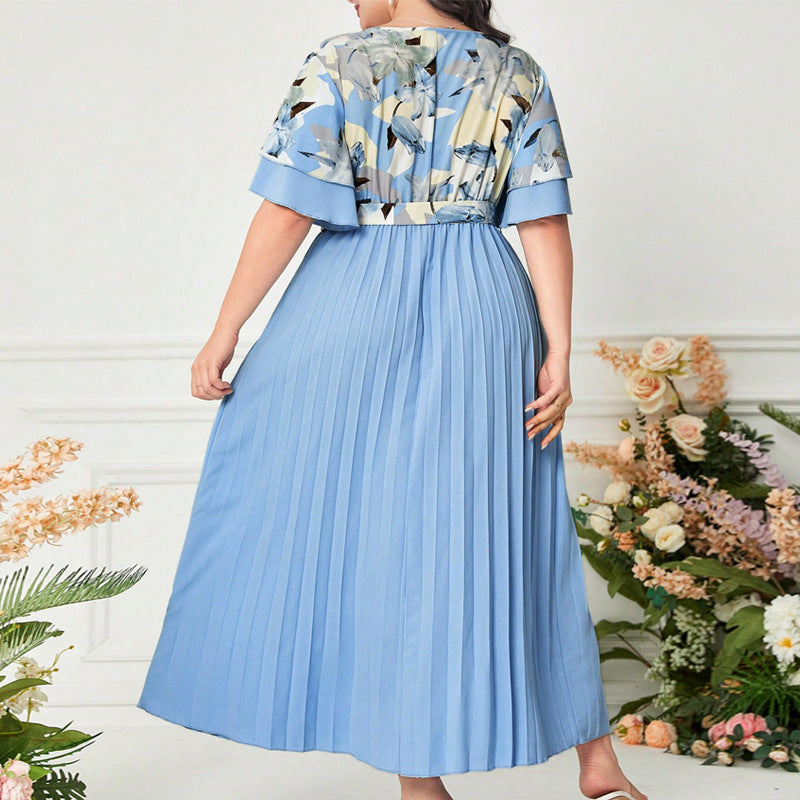Summer V-neck Spliced Slim-fit Ladies Dress
