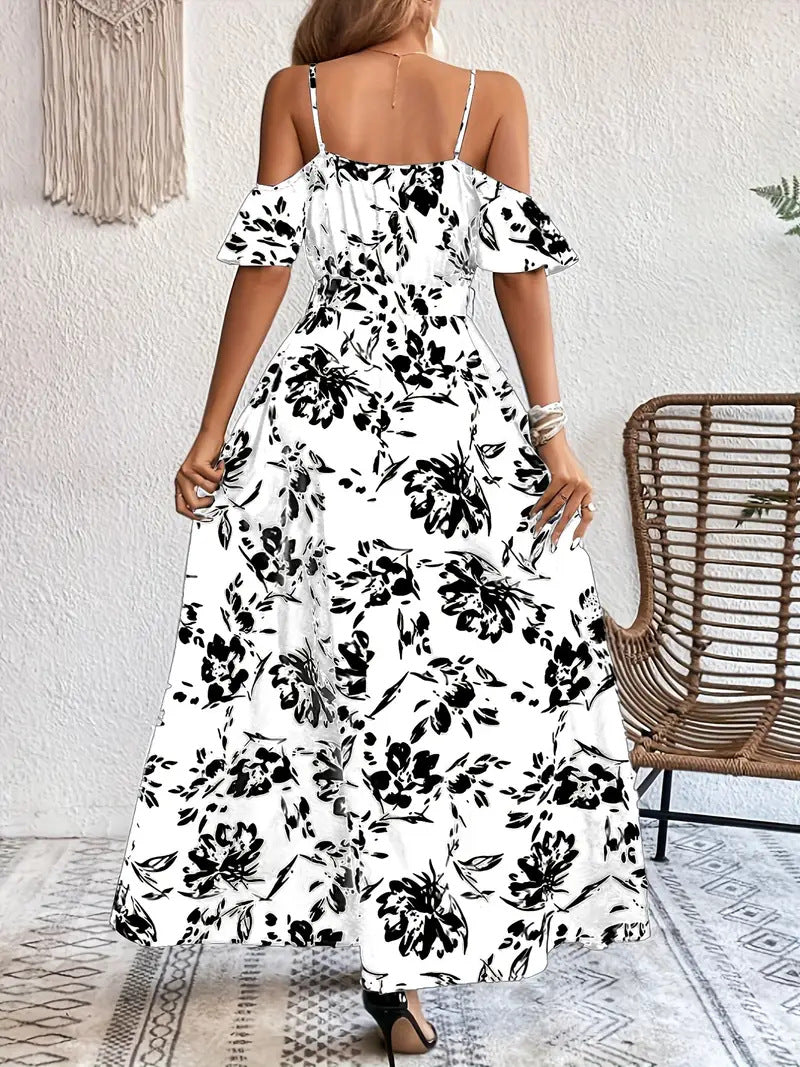 Summer Off-Shoulder Split Floral Print Long Dress With Belt Design