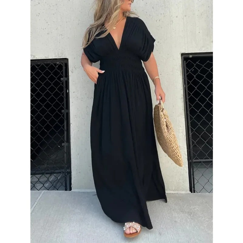 Trendy Bat-sleeved V-neck Slit Dress Summer Short Sleeve Elastic Waist Long Dresses