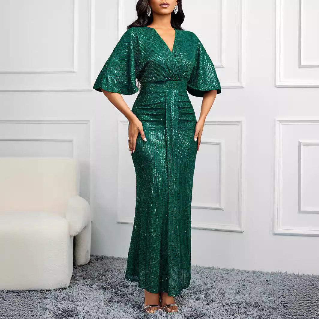 Formal High Waist V-neck Pure Sequins Shoulder Sleeve Dress