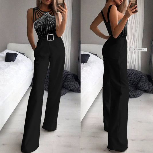 Sexy Rhinestone-embellished Strapless Sleeveless Waist defining Jumpsuit