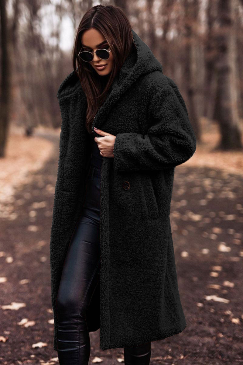 Elegant Plush Autumn Winter Long Coat with Hood