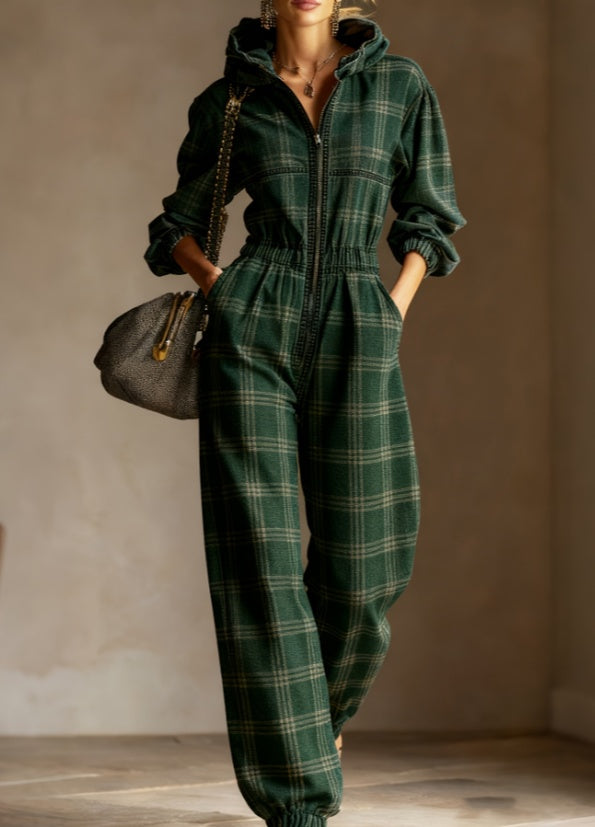 Casual Retro Plaid Hooded Jumpsuit