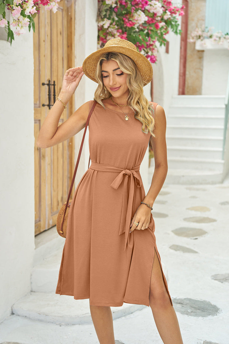 Sleeveless Summer Dress With Pockets & Waist Lace-up Slits