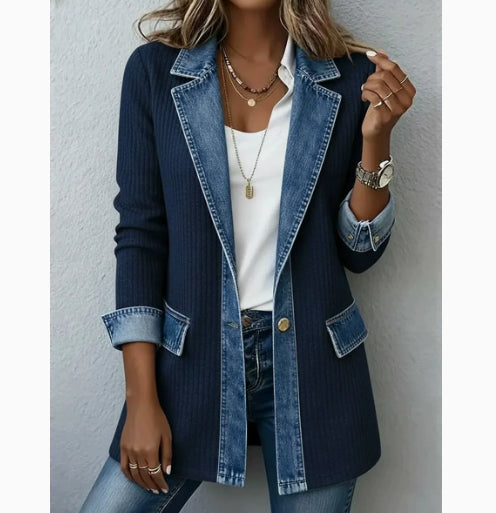 Casual Ribbed Lapel Denim Patchwork Jacket