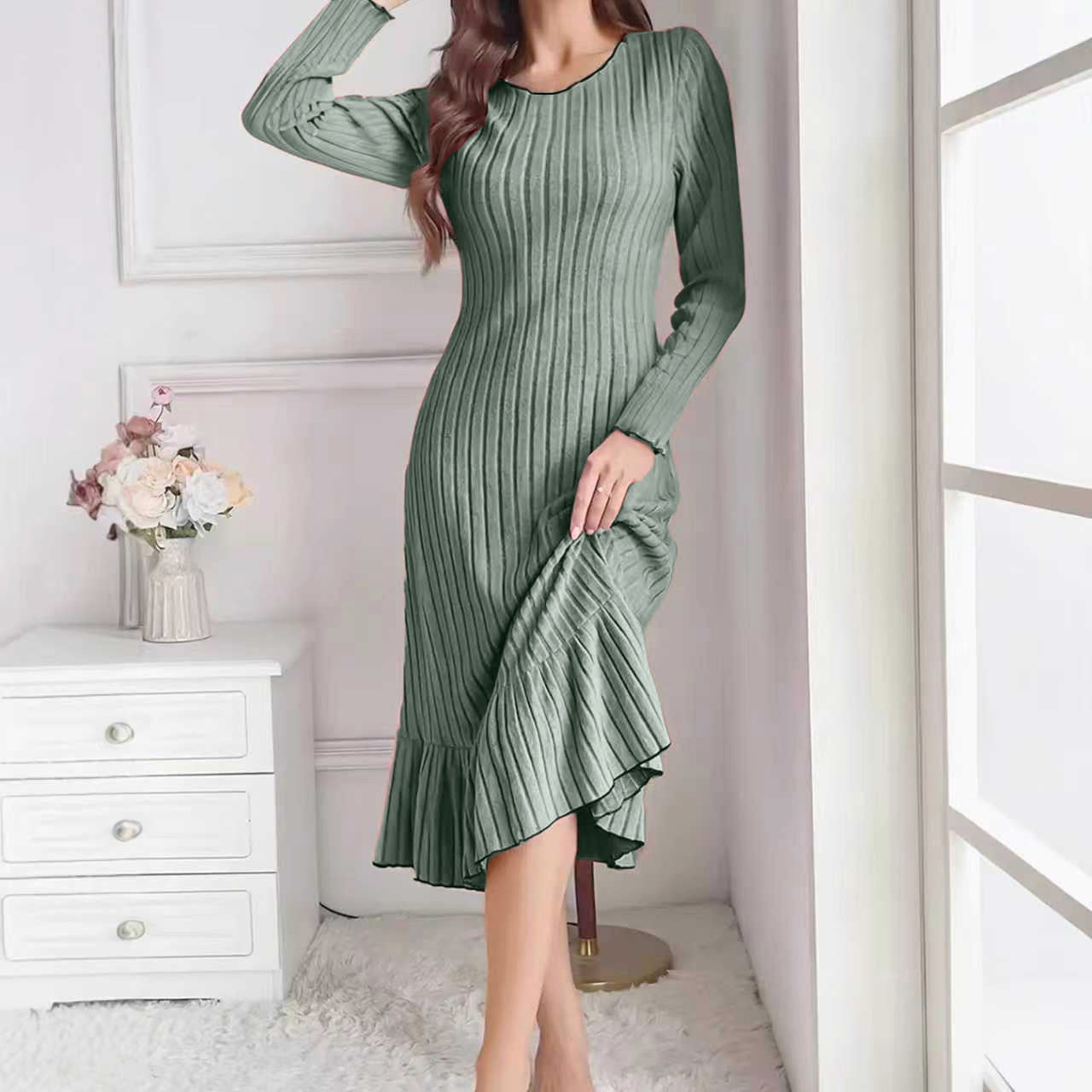 Comfy Solid Color Ruffle Sleeve Long Dress
