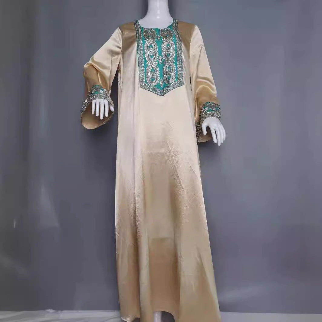 Indian Sequined Gold Silk Solid Color Long Sleeve Dress Women