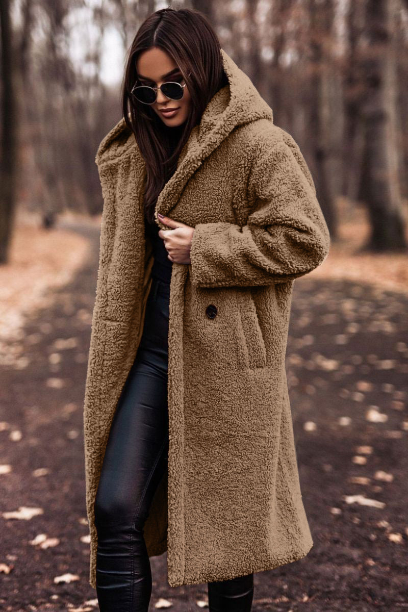 Elegant Plush Autumn Winter Long Coat with Hood