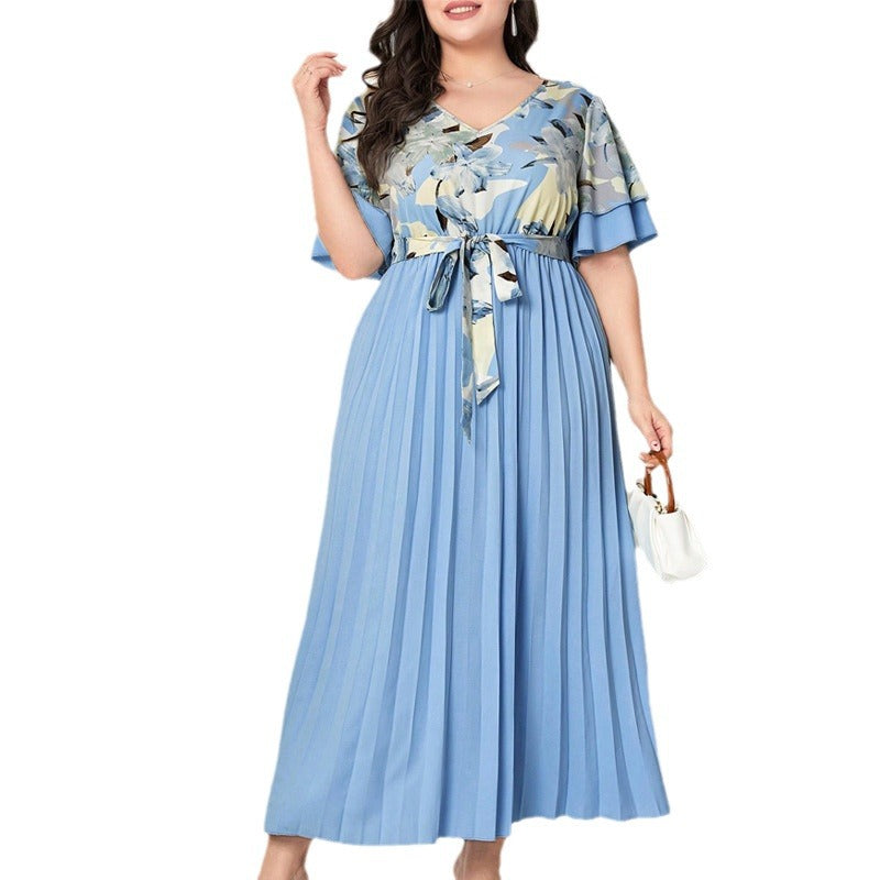 Summer V-neck Spliced Slim-fit Ladies Dress