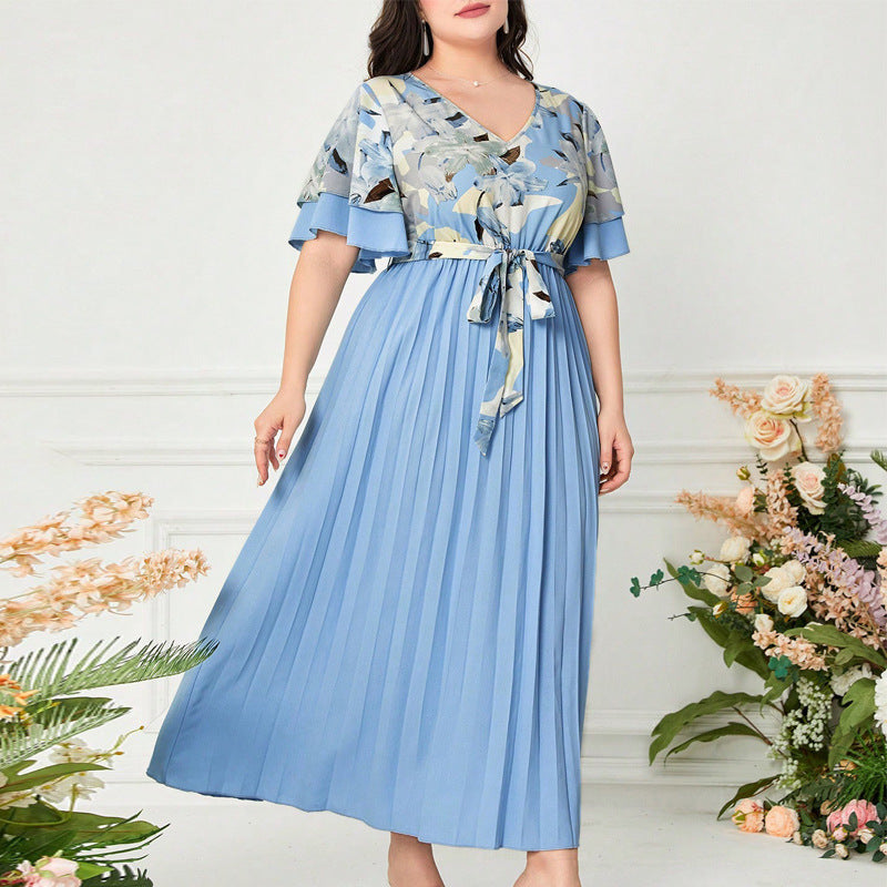 Summer V-neck Spliced Slim-fit Ladies Dress