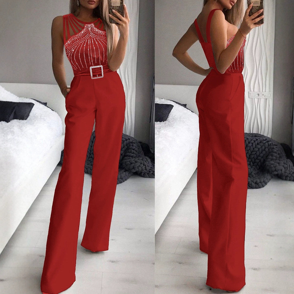 Sexy Rhinestone-embellished Strapless Sleeveless Waist defining Jumpsuit