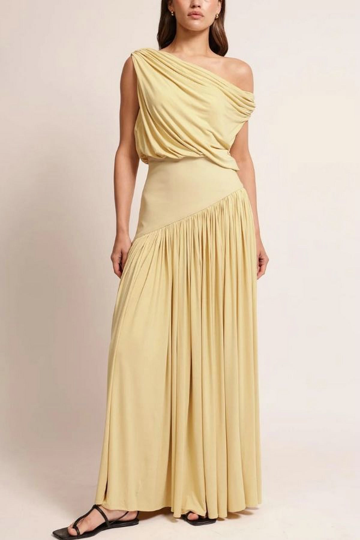 Asymmetrical Neck Off The Shoulder Waist Cinched Long Solid Color Dress