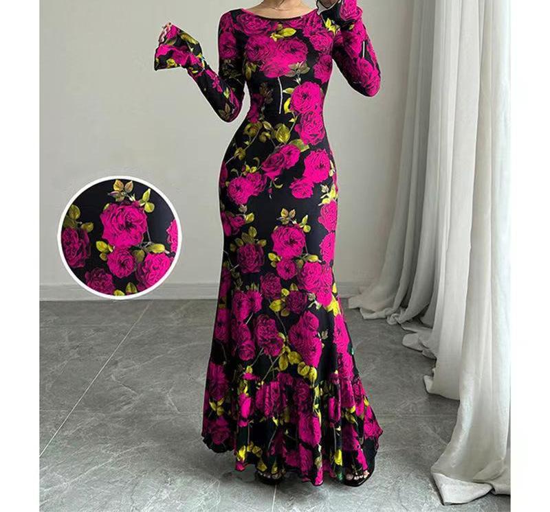 Elegant Slim-fit Round Neck Rose Floral Flared Sleeve Bodycon Dress