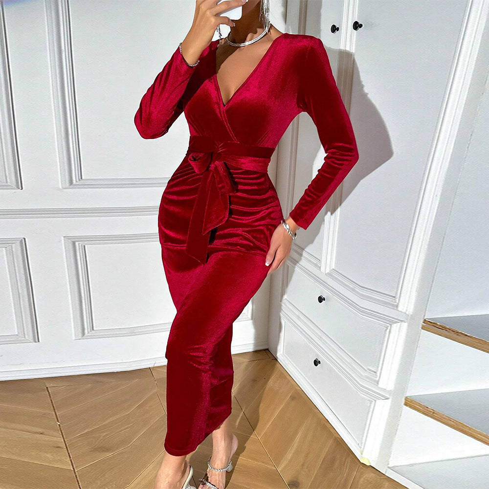 Classy Red Velvet V-neck Mid-length Dress