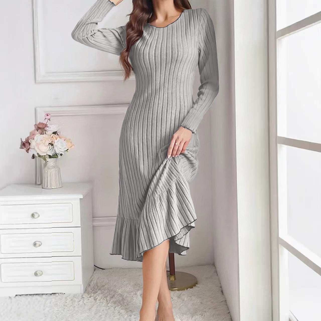 Comfy Solid Color Ruffle Sleeve Long Dress