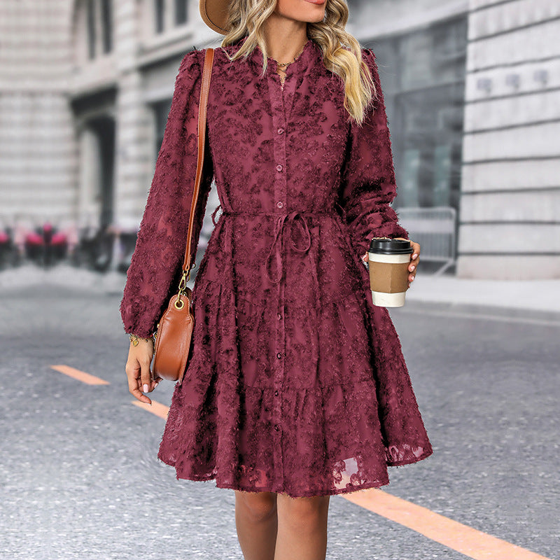 Classy Lace Tied Long Sleeve Medium Length  Dress