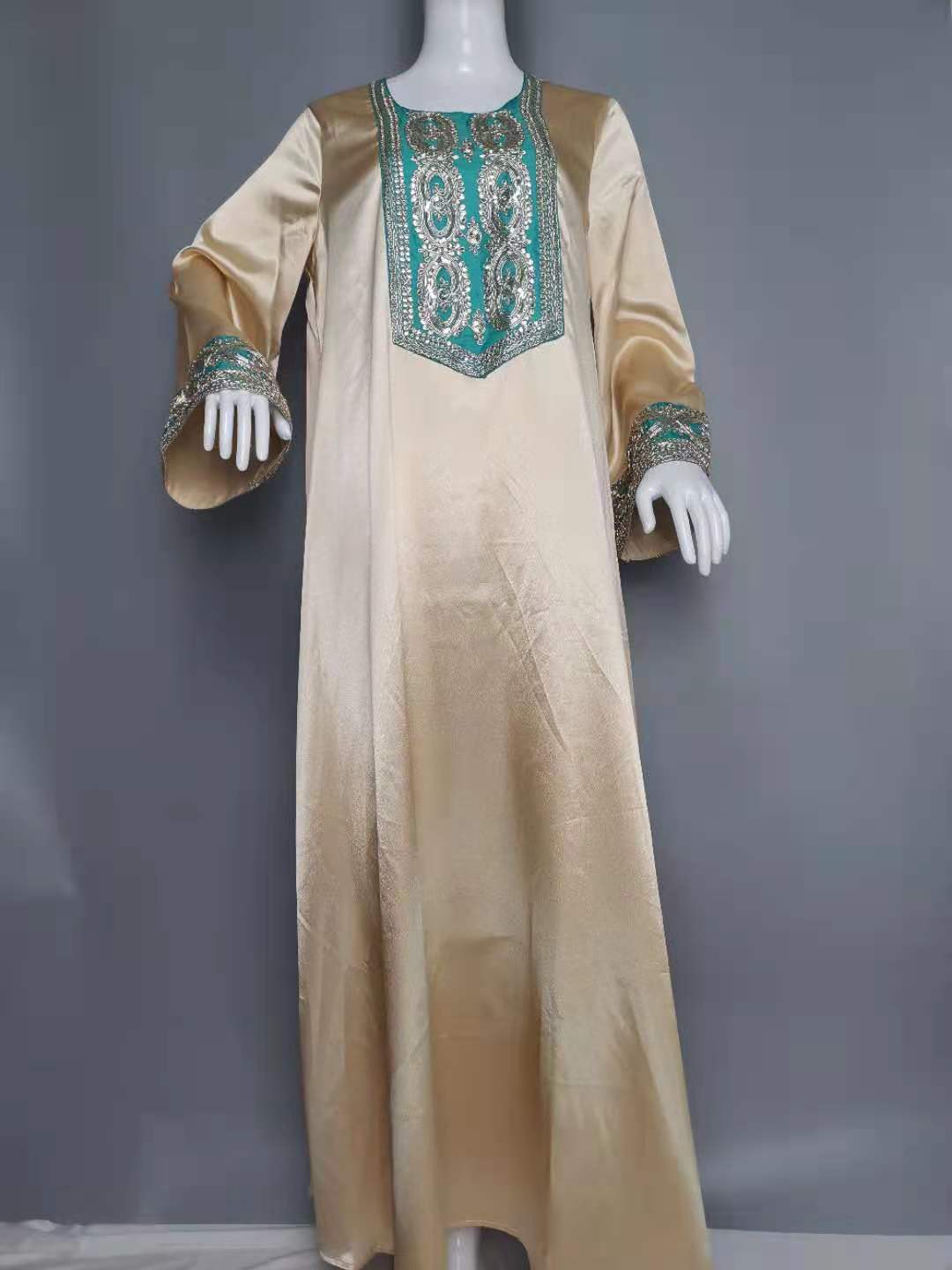 Indian Sequined Gold Silk Solid Color Long Sleeve Dress Women