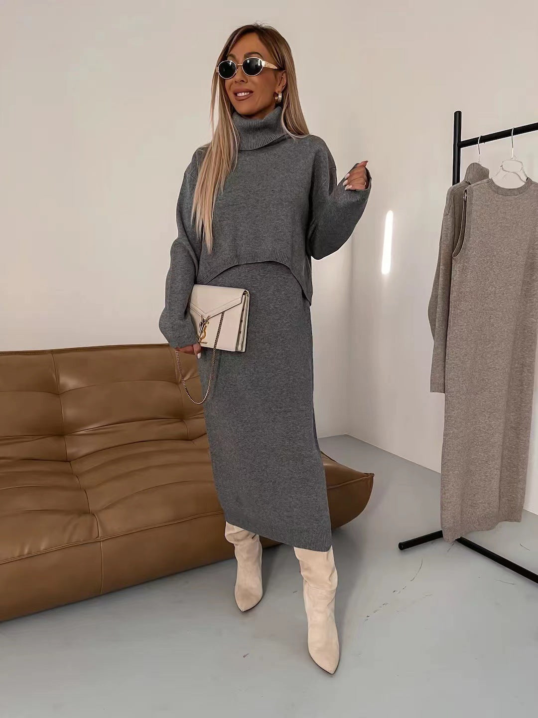 Two Piece Turtleneck Sweater Winter Suit with Dress