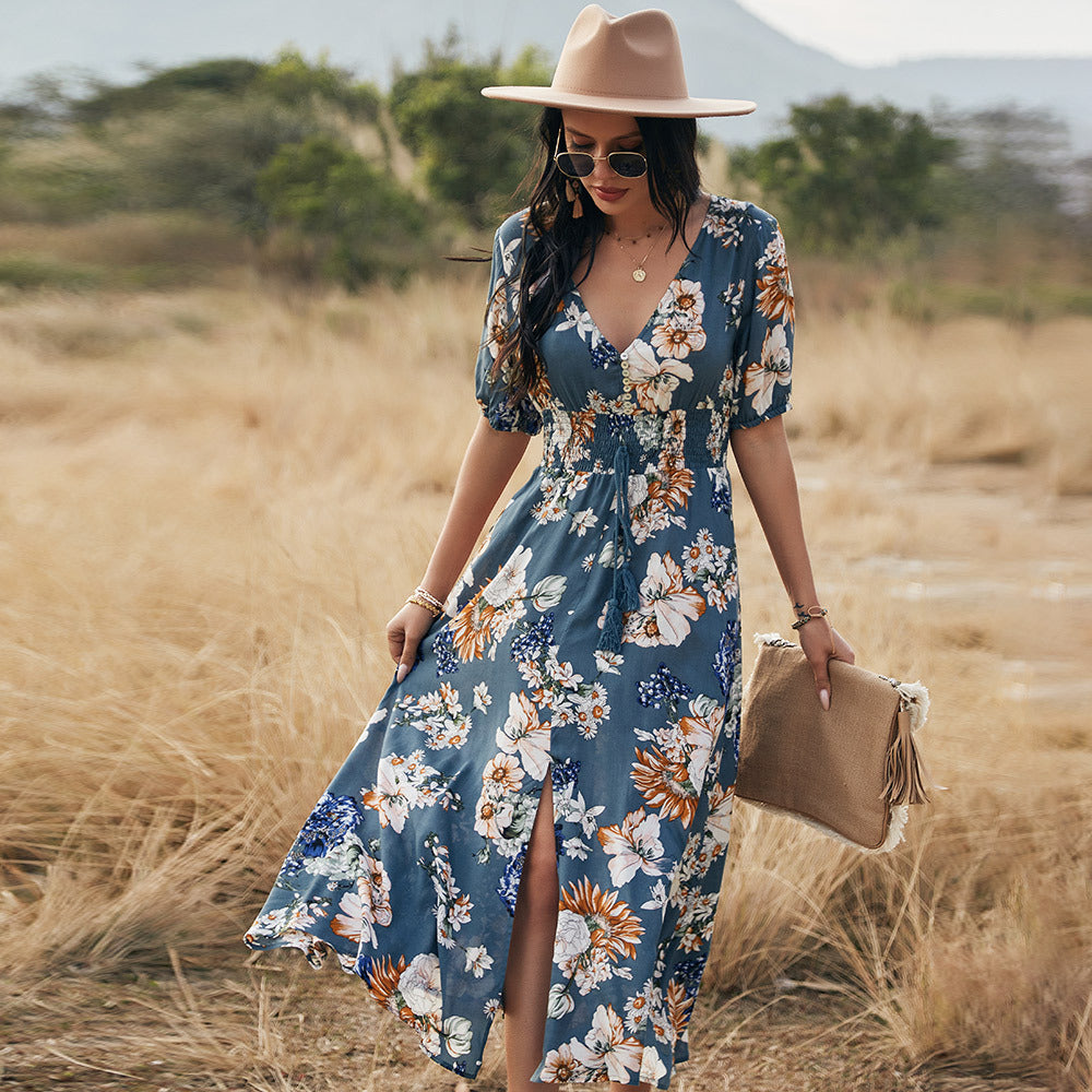 Floral Summer V Neck Elastic Waist Beach Dress