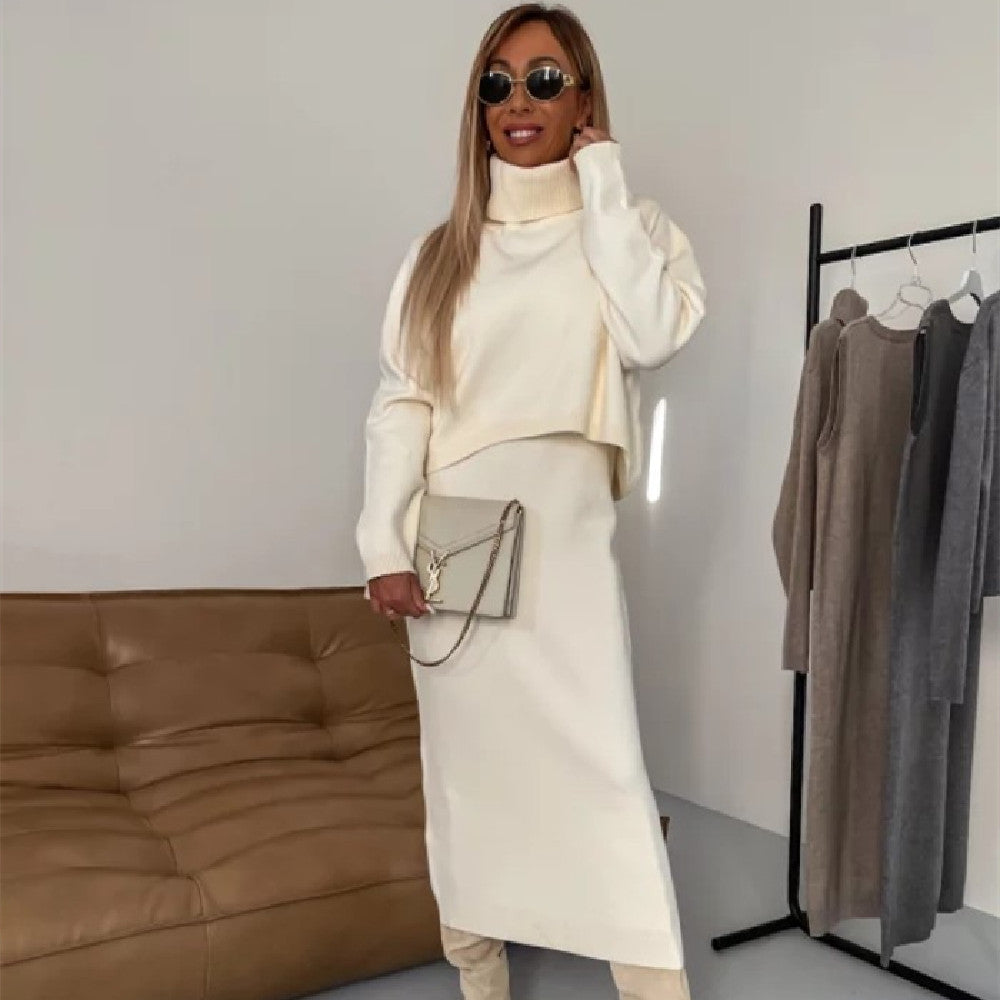 Two Piece Turtleneck Sweater Winter Suit with Dress