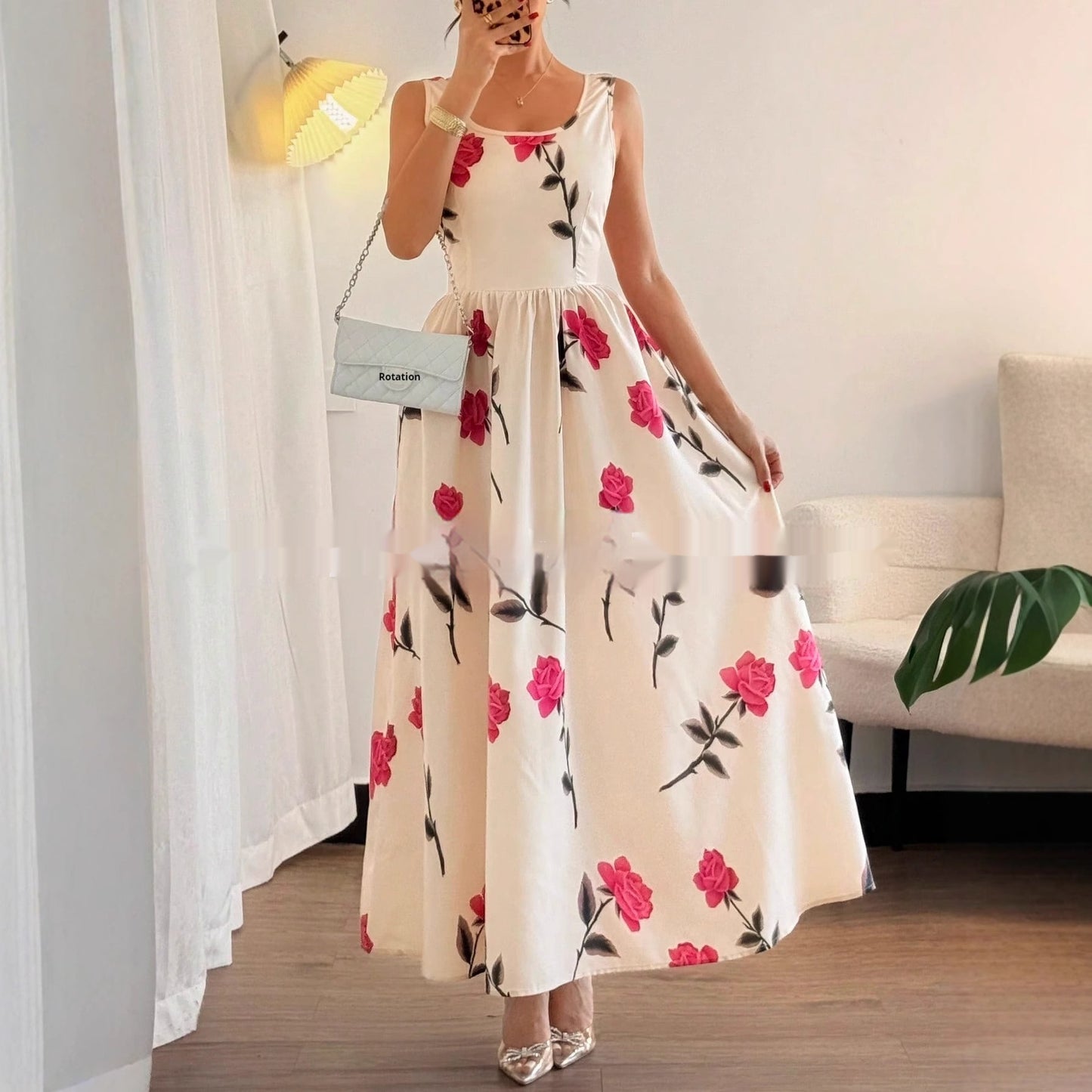 Cool Floral Print Square-Neck Sleeveless Elegant Dress