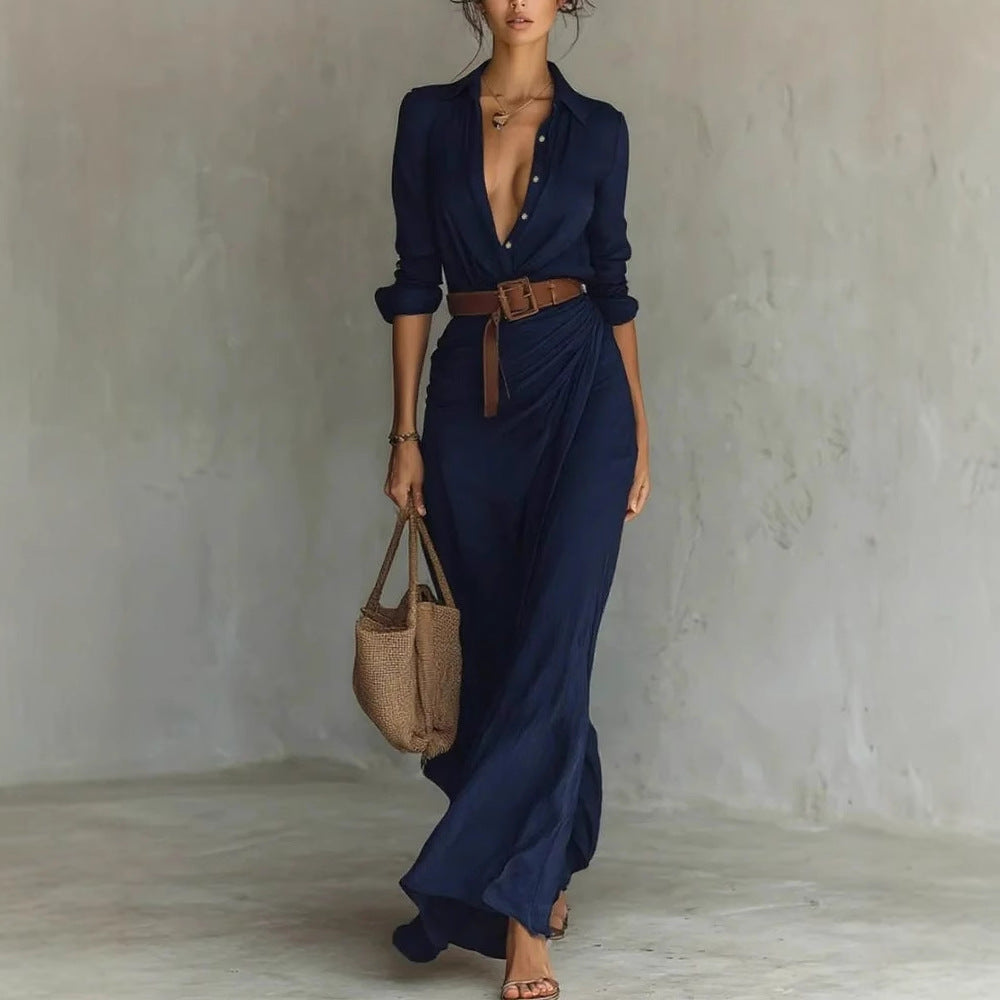 Elegant Button Lapel Out and About Long-sleeved Shirt Dress