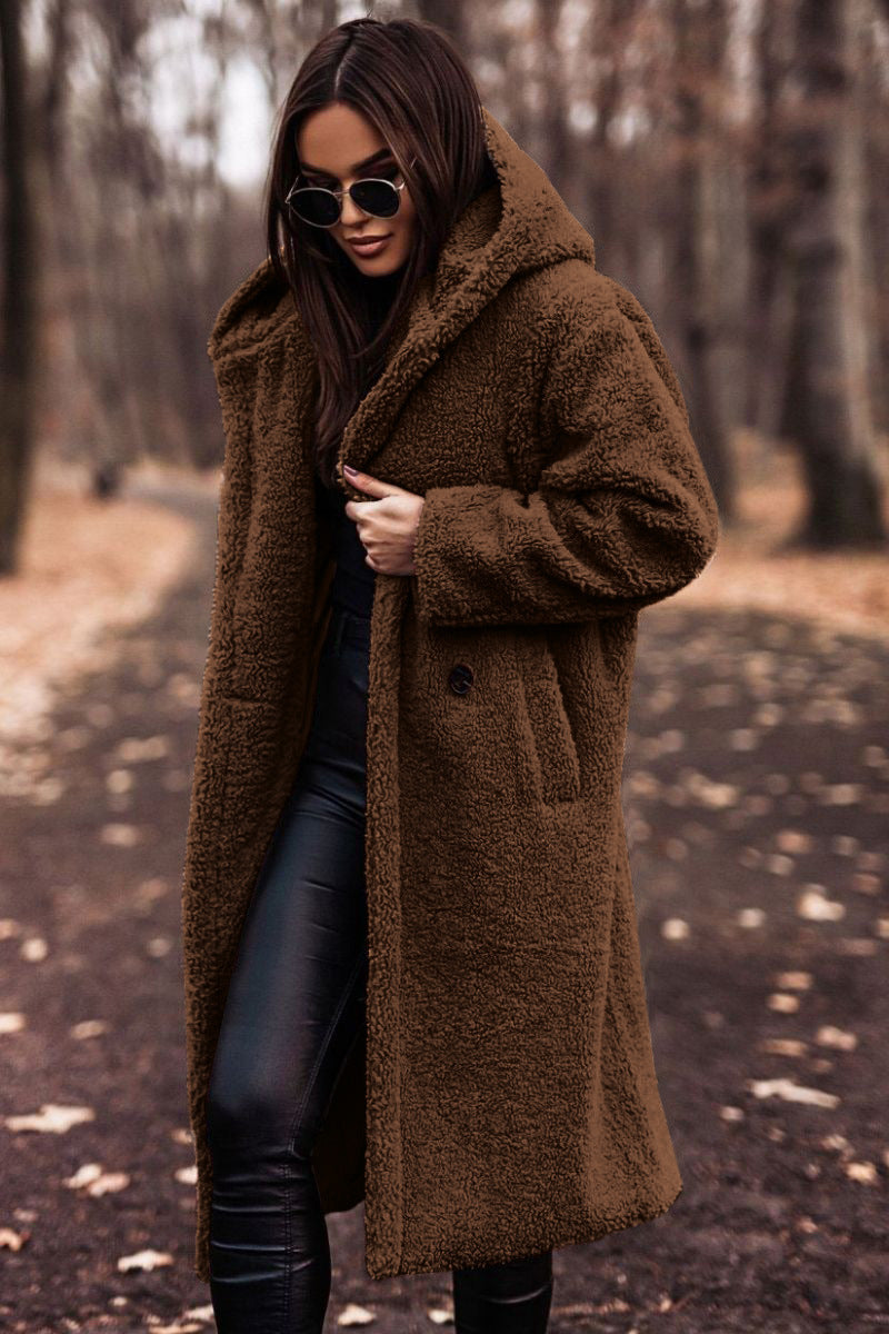 Elegant Plush Autumn Winter Long Coat with Hood