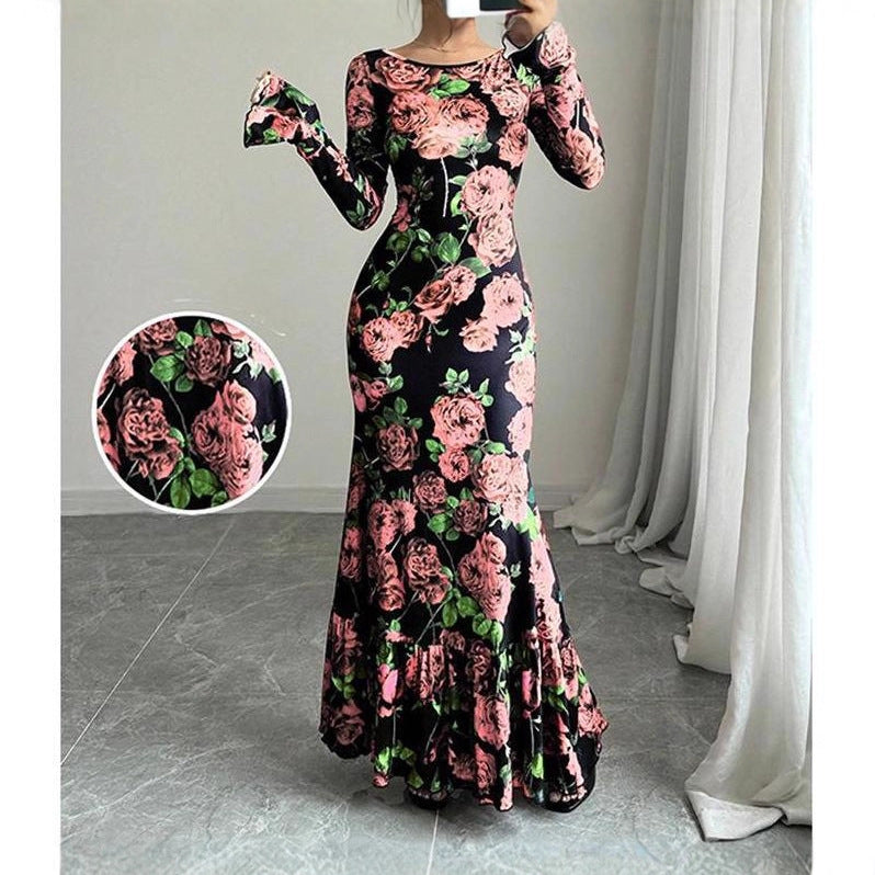 Elegant Slim-fit Round Neck Rose Floral Flared Sleeve Bodycon Dress