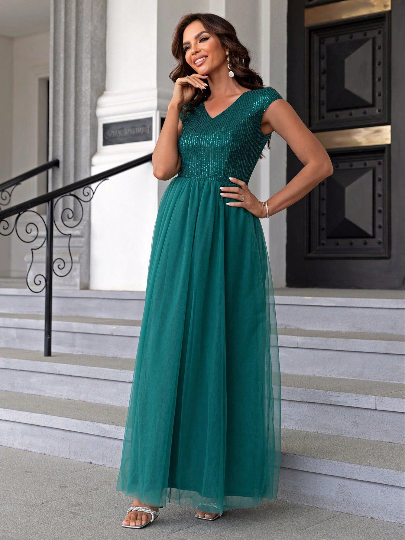 Color Sequined Mesh Cloth Cover Formal Dress