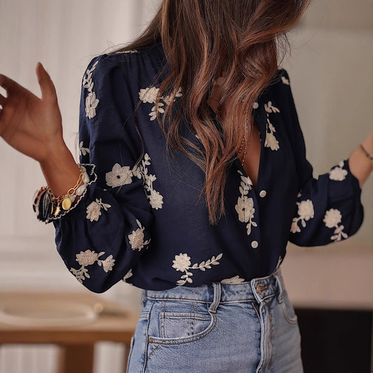 Long-sleeved Western-style Chiffon Blouse With Embroidery