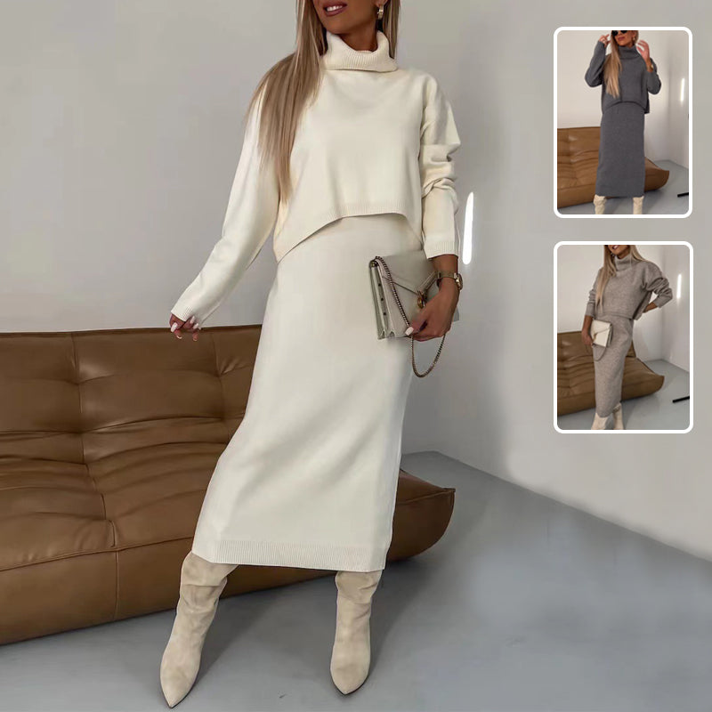 Two Piece Turtleneck Sweater Winter Suit with Dress