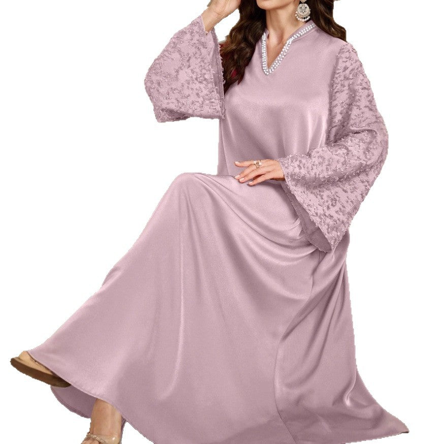 Comfortable And Elegant Long Gown With Pearl-trimmed Collar