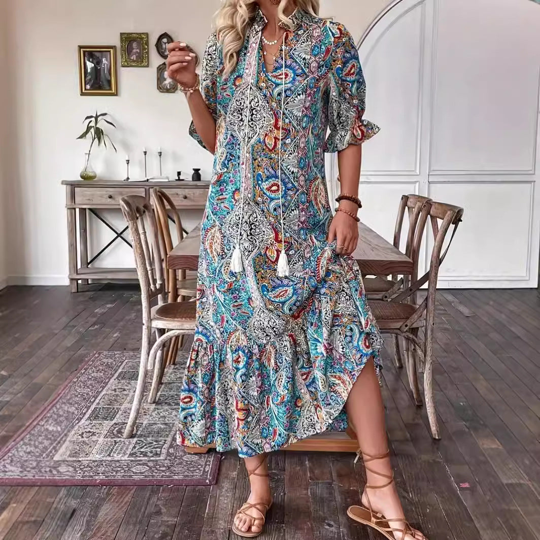New Printed Lace-up Mid-sleeve Ruffled Dress
